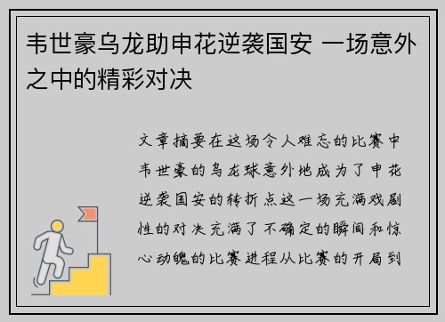 韦世豪乌龙助申花逆袭国安 一场意外之中的精彩对决